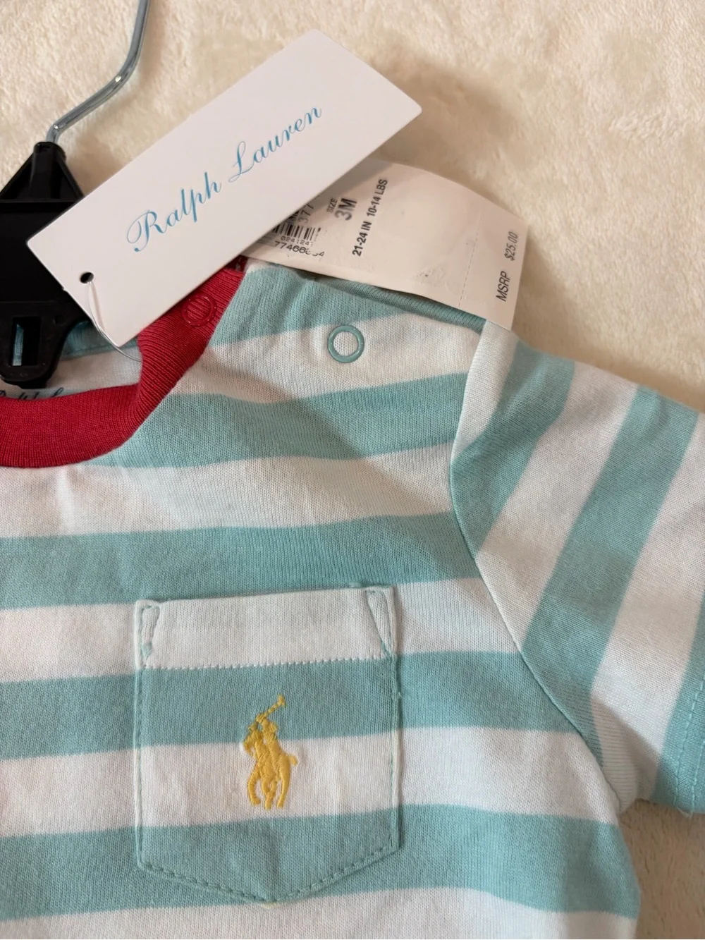 Ralph Lauren Striped Short-Sleeve Tee in Aqua, White & Red Trim